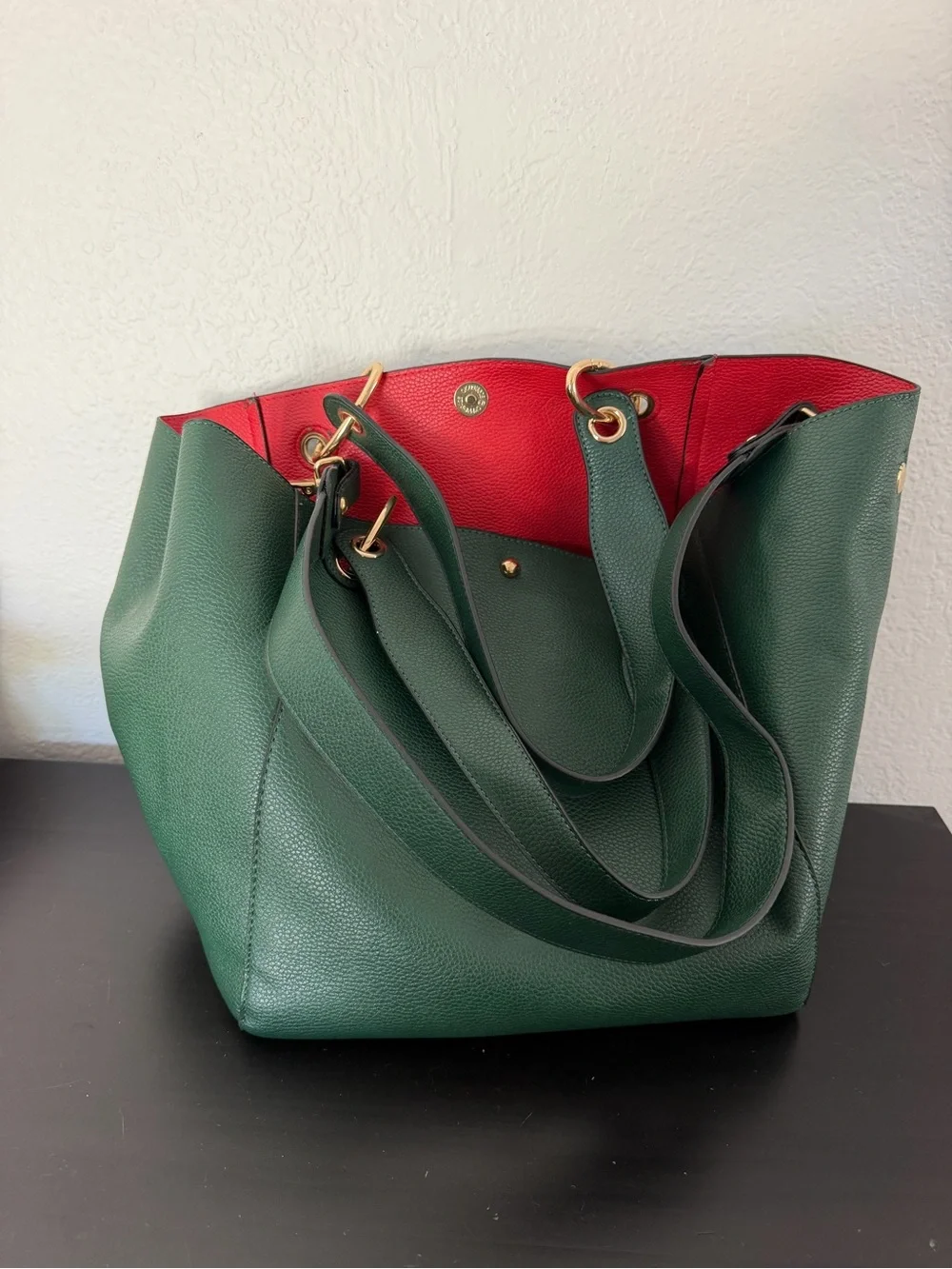 Green and Red faux Leather Women's Tote Bag with Gold Hardware